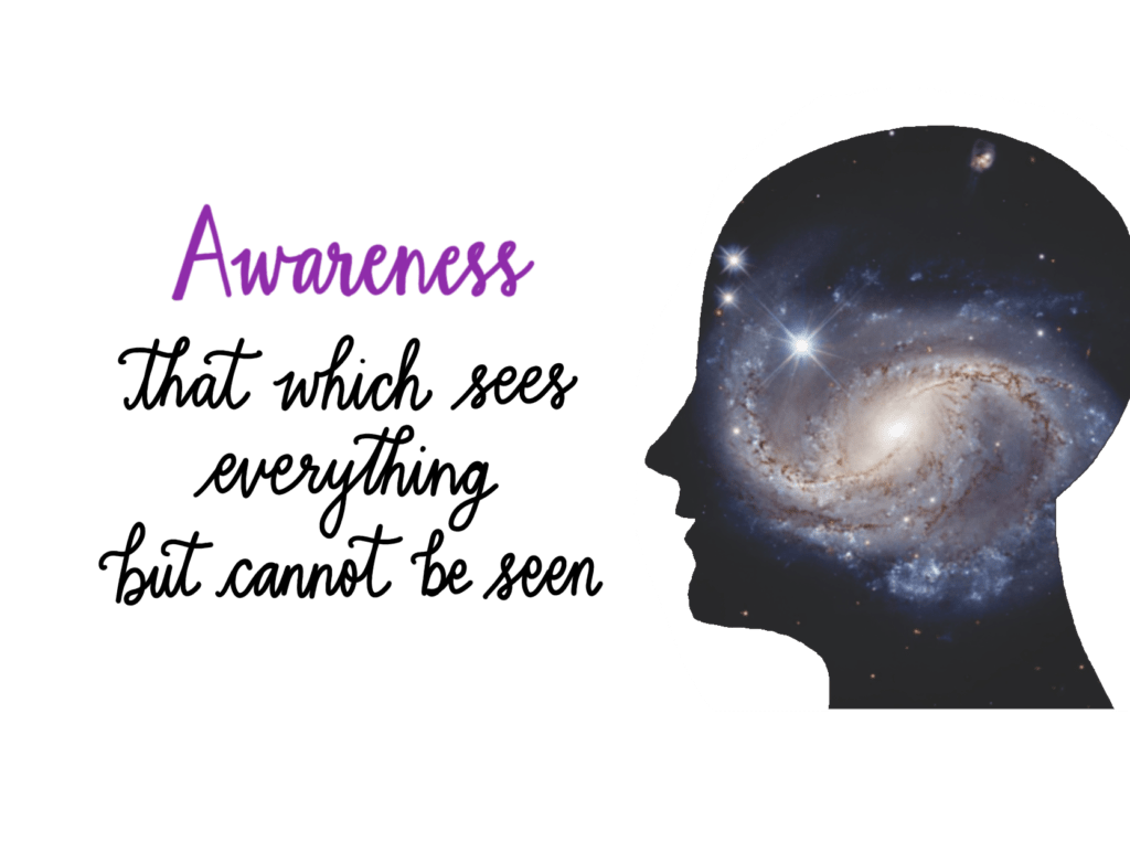 A human head with a galaxy inside it and the text - Awareness - that which sees everything but cannot be seen