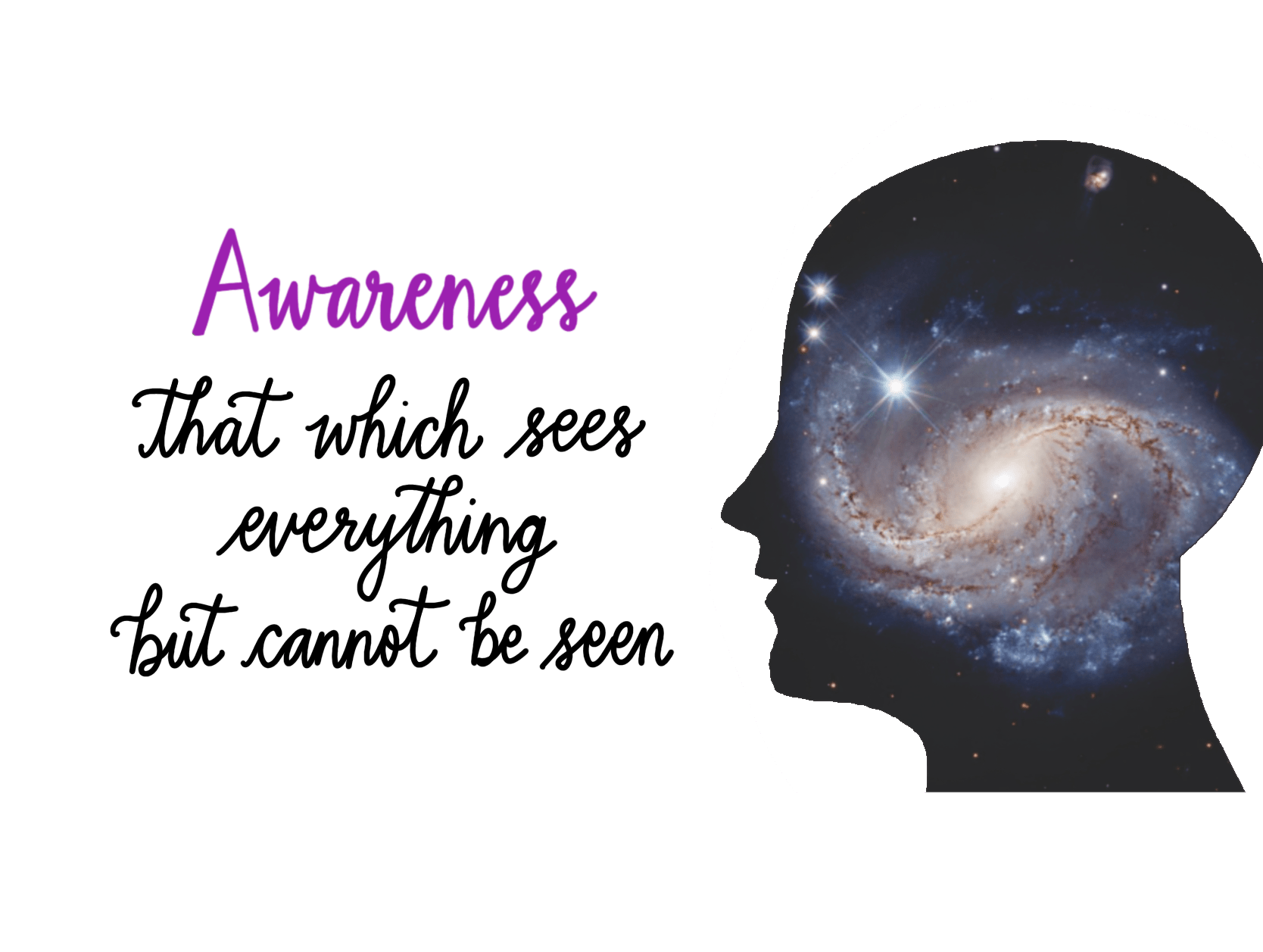 A human head with a galaxy inside it and the text - Awareness - that which sees everything but cannot be seen