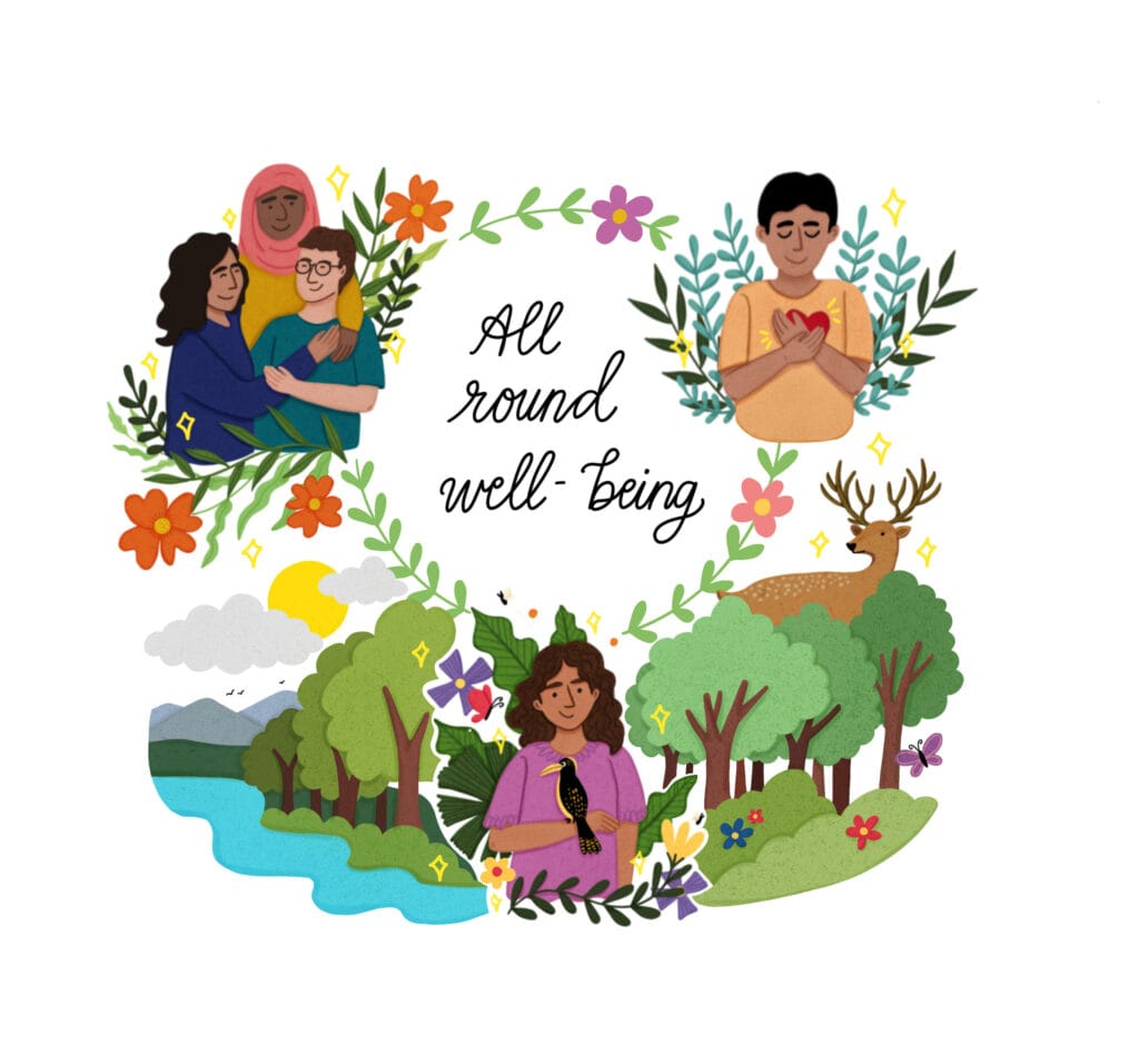 illustration of young people enjoying showing compassion and love for themselves , others and nature