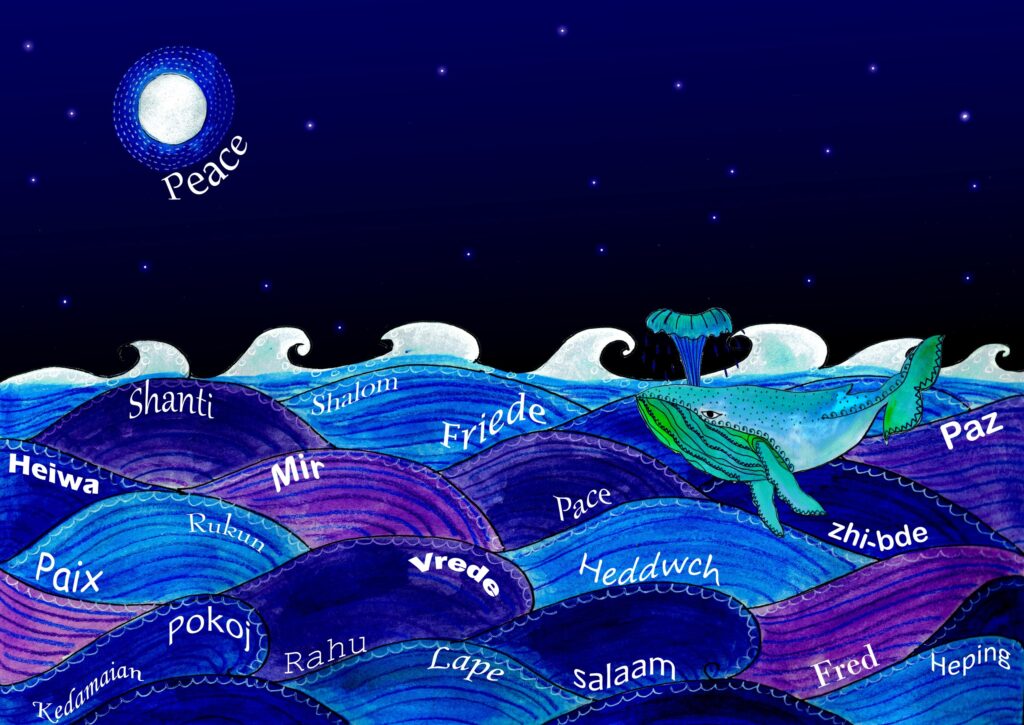 The waves of the ocean under the moonlight with the words peace in different languages forming the crest of the waves