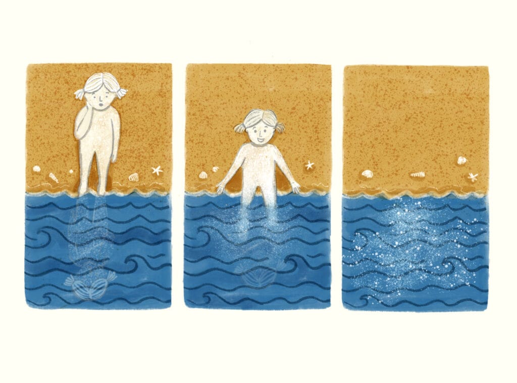 illustration of a salt doll entering into a blue sea and slowly dissolving
