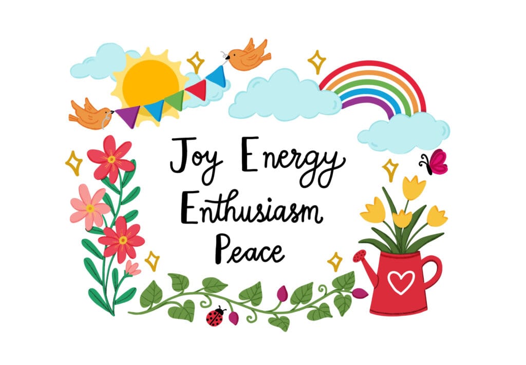 illustration of the words joy energy enthusiasm peace . words are surrounded by birds trees rainbow